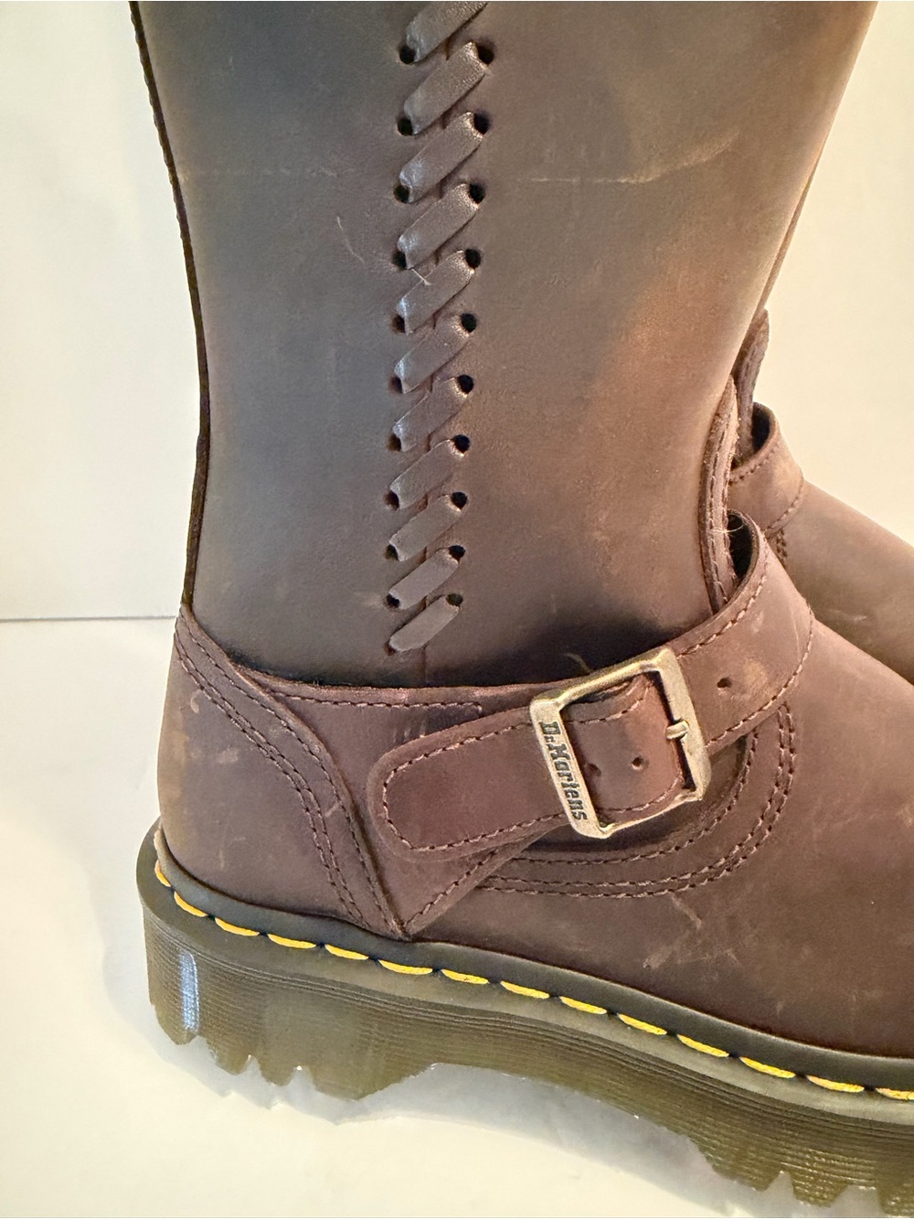 NWT Dr. Martens Anistone Brown Tall Harness Boots with Yellow Stitching - Picture 3 of 11